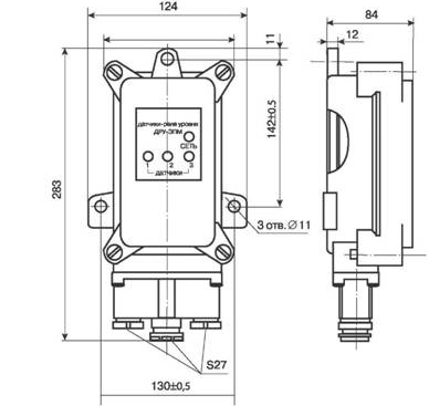 Габаритные и установочные размеры преобразователя передающего для ДРУ-ЭПМ
